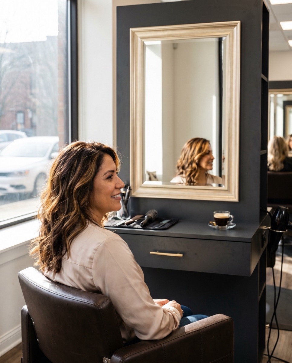 Sun-kissed caramel highlights and balayage with loose waves at Colaizzi's Hair Styling